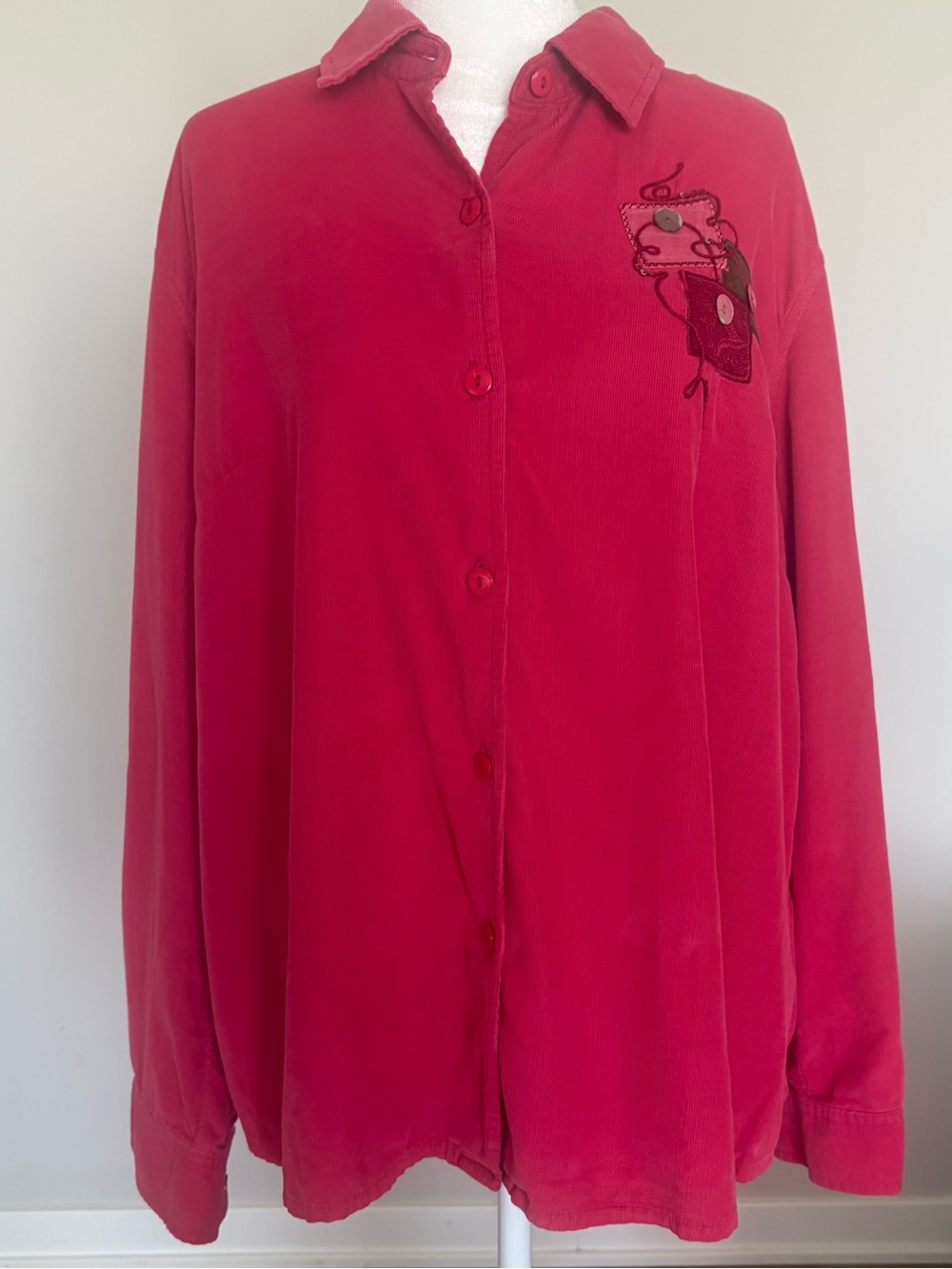 CJ Banks Women’s 1X Red Corduroy Button Front Shirt Embellished Long Sleeve VTG